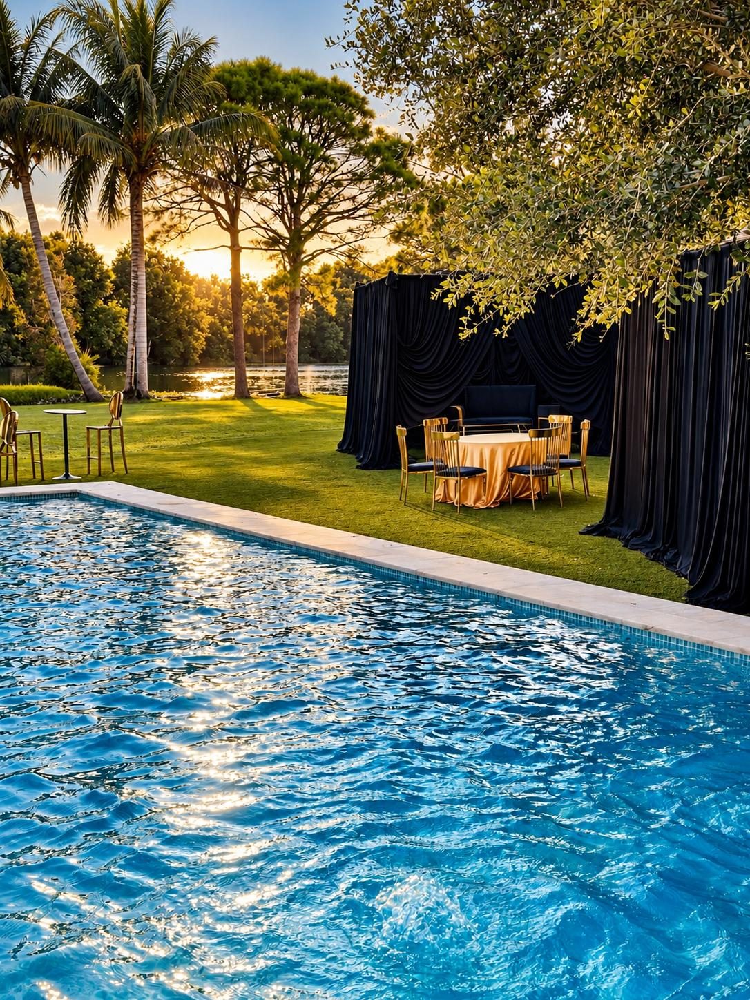 Private outdoor event venue with a swimming pool and tropical gardens in Cooper City, South Florida