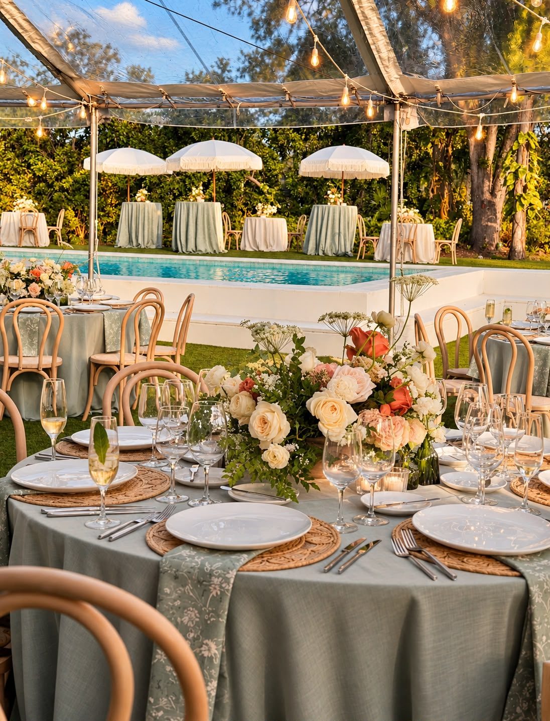 Garden wedding reception tables with floral centerpieces beside the pool at CAL Events Cooper City